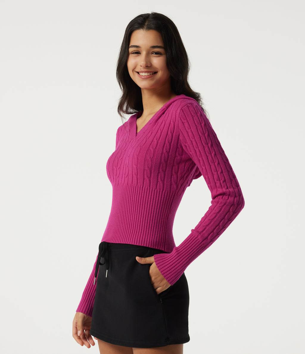 Hooded Slim Long Sleeve Casual Jumper — Raspberry Rose — view 3