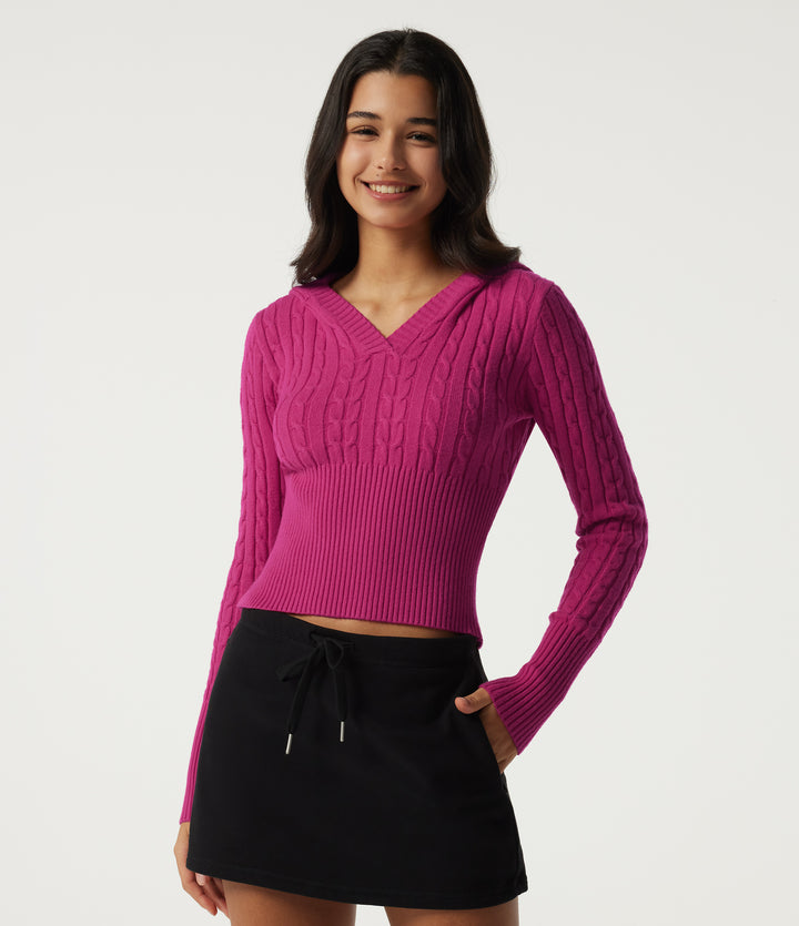 Hooded Slim Long Sleeve Casual Jumper — Raspberry Rose — view 1