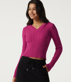 Hooded Slim Long Sleeve Casual Jumper — Raspberry Rose — view 4