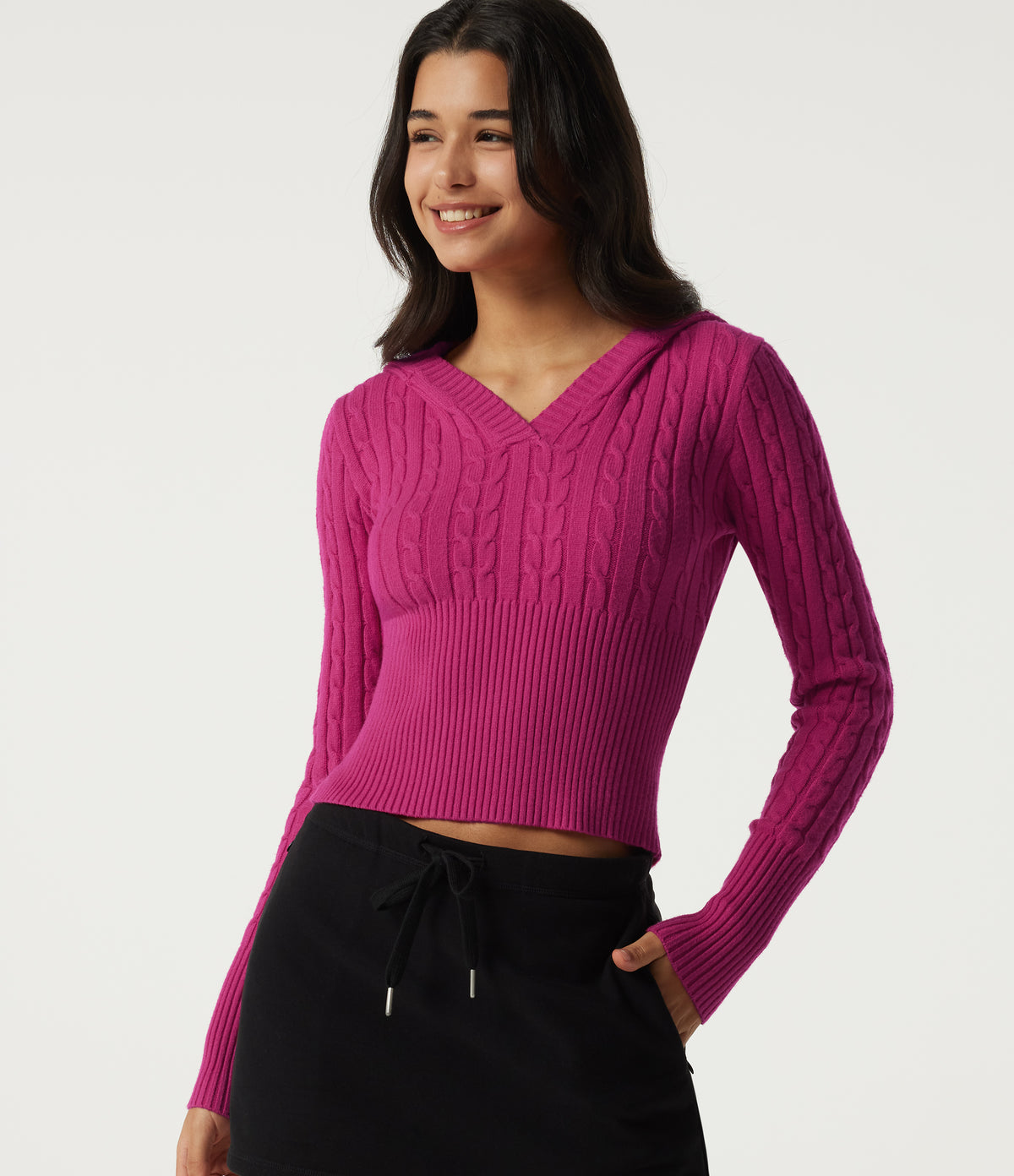 Hooded Slim Long Sleeve Casual Jumper — Raspberry Rose — view 4