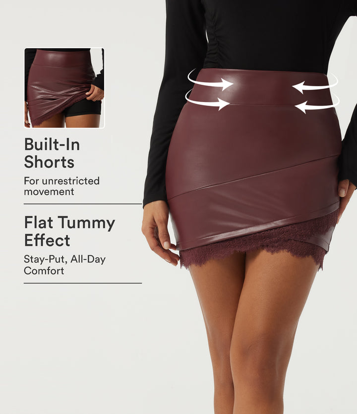 High Waisted Tummy Control 2-in-1 Contrast Lace PU Mini Party Tulip Skirt — Hot Chocolate — view 1