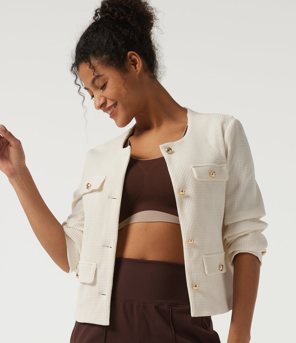 Round Neck Long Sleeve Waffle Casual Jacket — Cloud Dancer — view 5