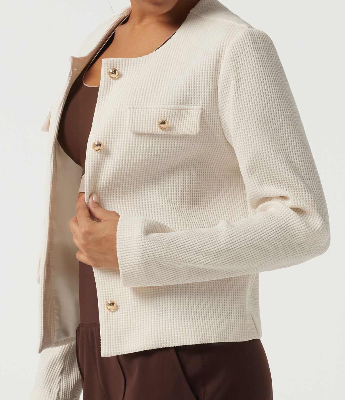 Round Neck Long Sleeve Waffle Casual Jacket — Cloud Dancer — view 6