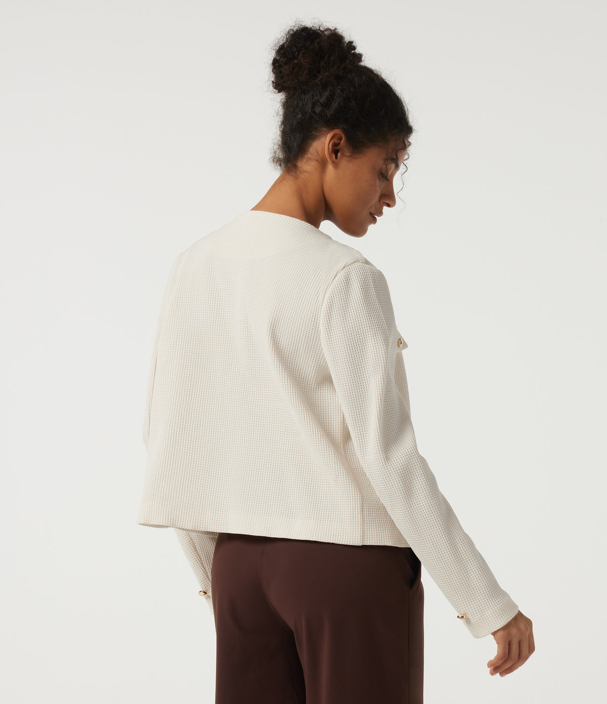 Round Neck Long Sleeve Waffle Casual Jacket — Cloud Dancer — view 2
