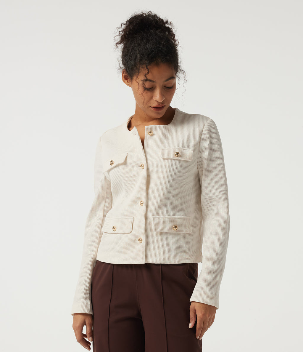 Round Neck Long Sleeve Waffle Casual Jacket — Cloud Dancer — view 4