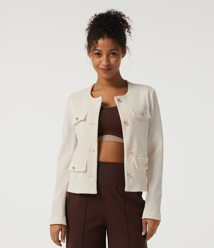Round Neck Long Sleeve Waffle Casual Jacket — Cloud Dancer — view 1