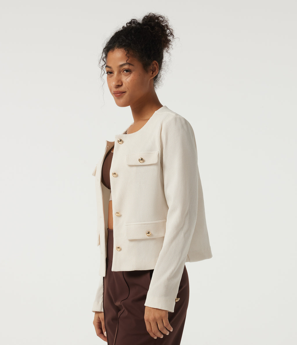 Round Neck Long Sleeve Waffle Casual Jacket — Cloud Dancer — view 3