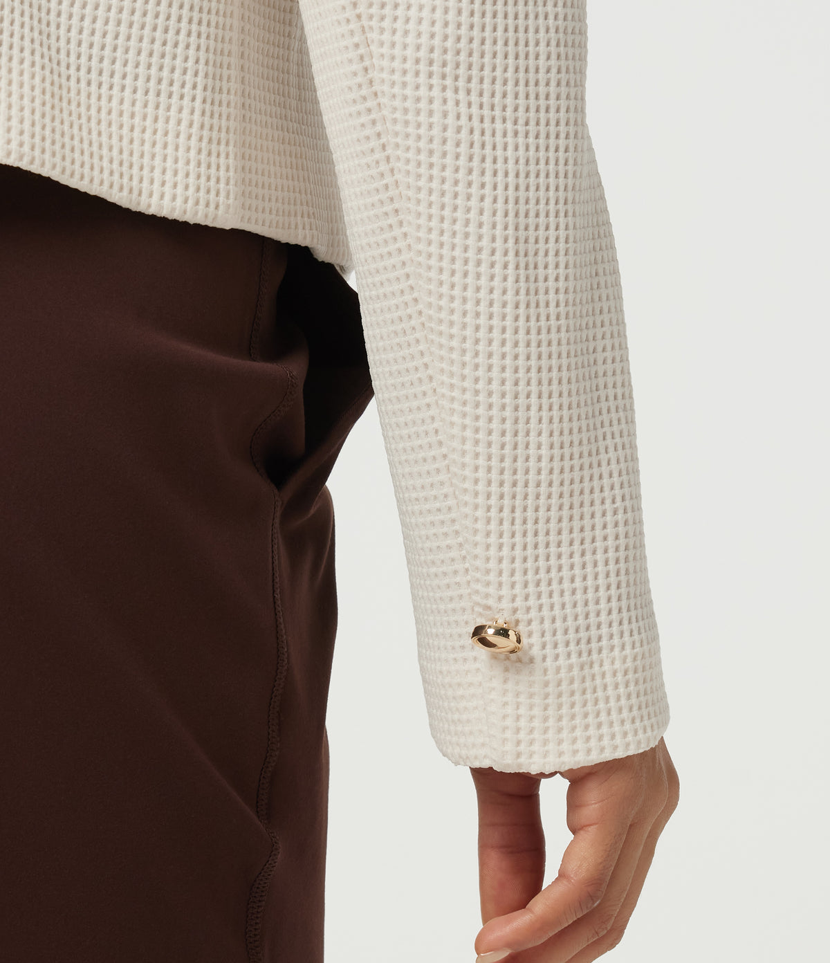 Round Neck Long Sleeve Waffle Casual Jacket — Cloud Dancer — view 7