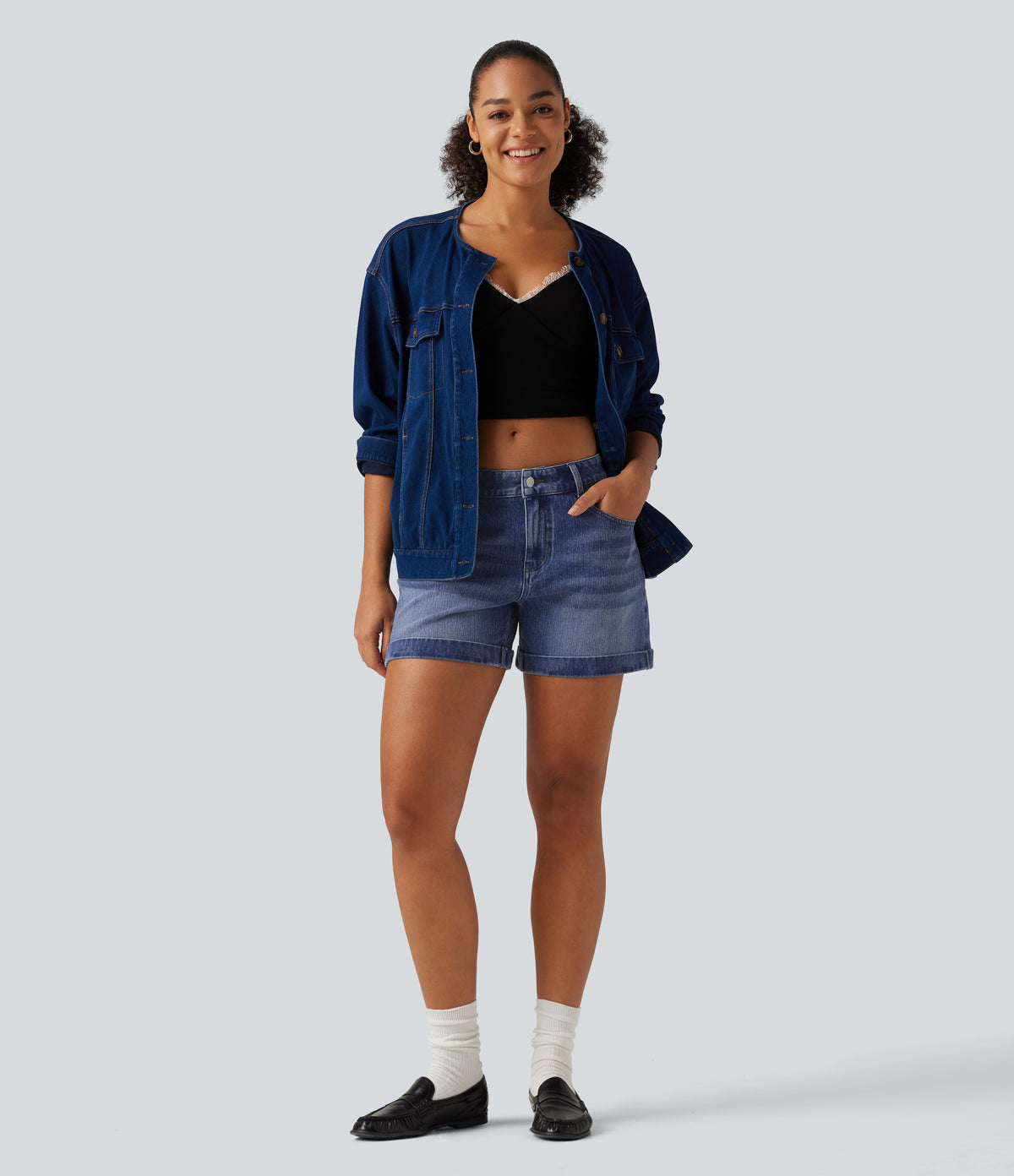 Denim Low Rise Rolled Hem Casual Shorts 5" with Pockets — Tide Blue Denim — view 7
