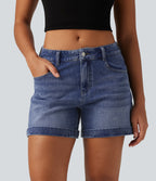 Denim Low Rise Rolled Hem Casual Shorts 5" with Pockets — Tide Blue Denim — view 3