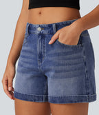 Denim Low Rise Rolled Hem Casual Shorts 5" with Pockets — Tide Blue Denim — view 4