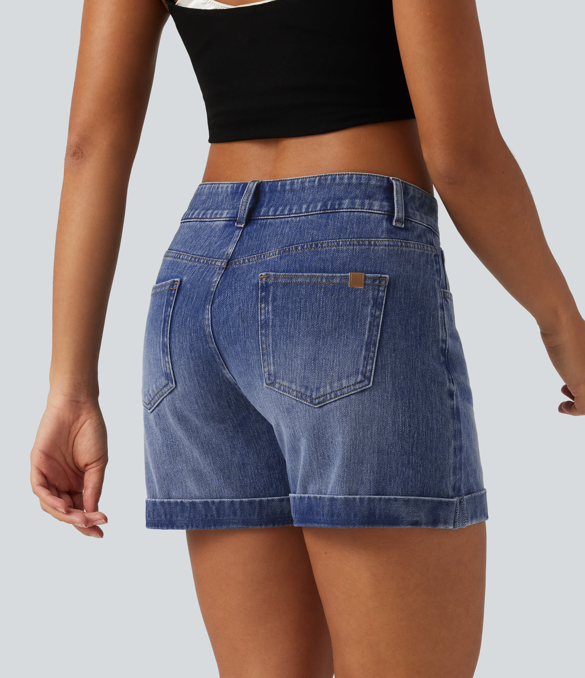 Denim Low Rise Rolled Hem Casual Shorts 5" with Pockets — Tide Blue Denim — view 2