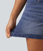 Denim Low Rise Rolled Hem Casual Shorts 5" with Pockets — Tide Blue Denim — view 6