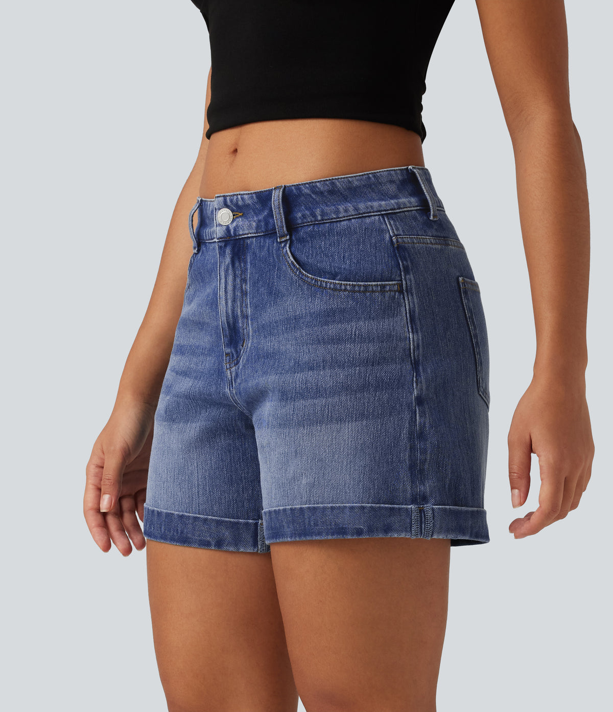 Denim Low Rise Rolled Hem Casual Shorts 5" with Pockets — Tide Blue Denim — view 1