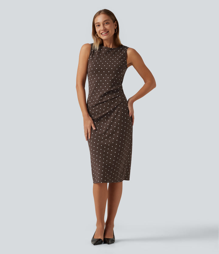 Round Neck Sleeveless Ruched Polka Dot Pencil Work Midi Dress — Cocoa Confetti — view 1