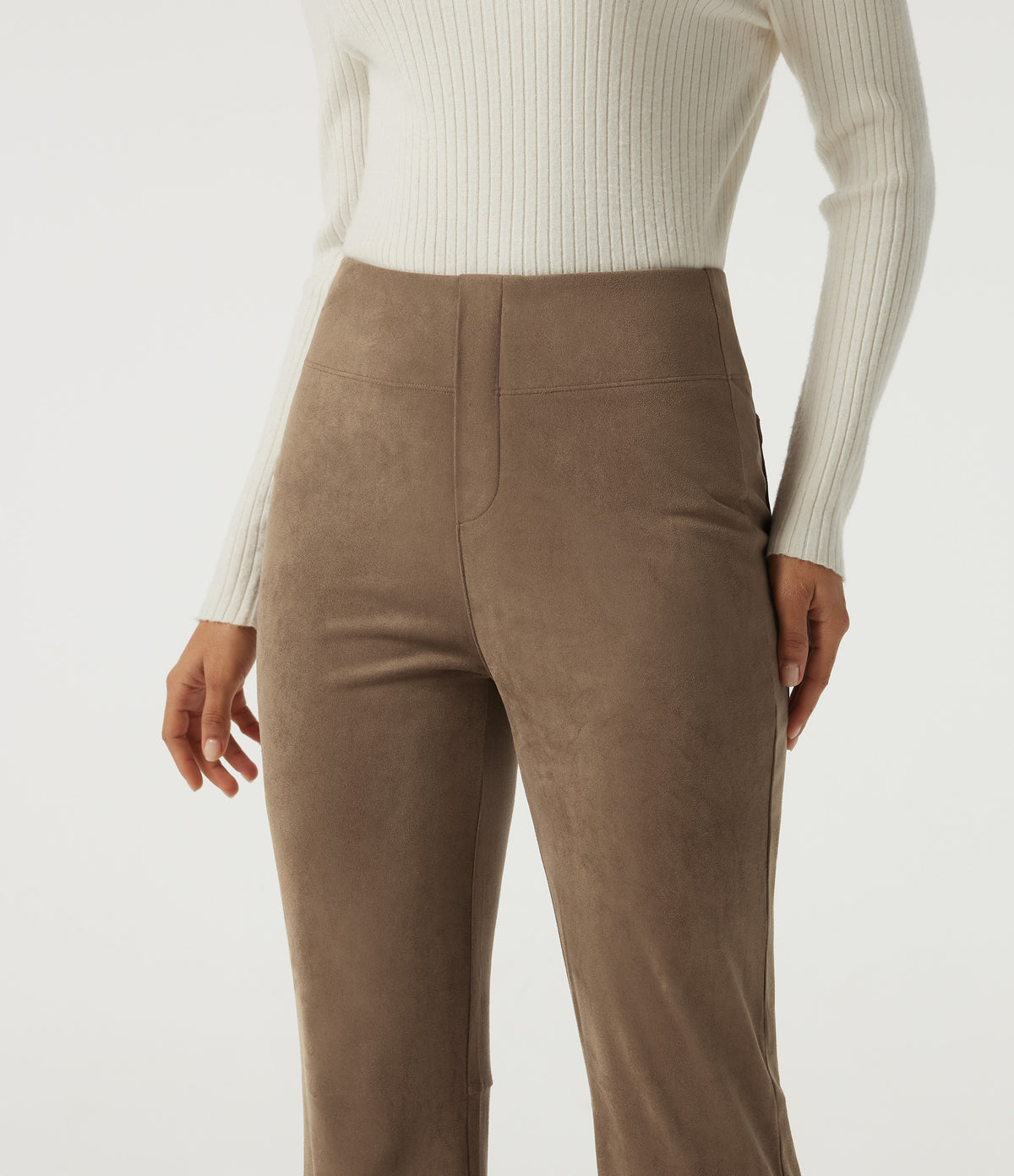 High Waisted Bootcut Suede Casual Trousers with Pockets — Coca Mocha — view 4