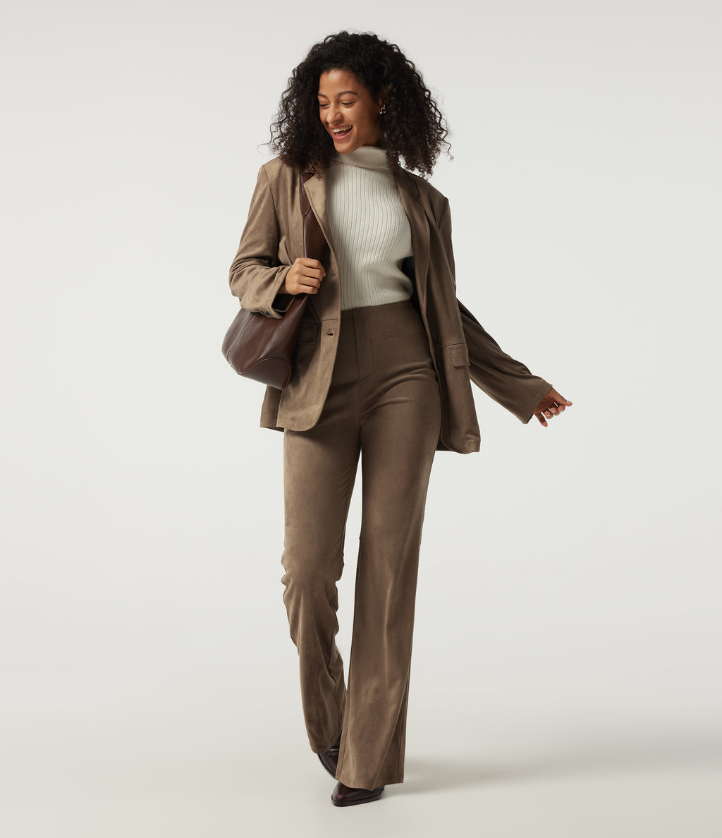 High Waisted Bootcut Suede Casual Trousers with Pockets — Coca Mocha — view 8