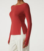 Boat Neck Long Sleeve Keyhole Back Casual Top with Thumbholes — Rubicondo — view 6