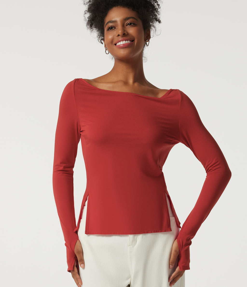 Boat Neck Long Sleeve Keyhole Back Casual Top with Thumbholes — Rubicondo — view 1