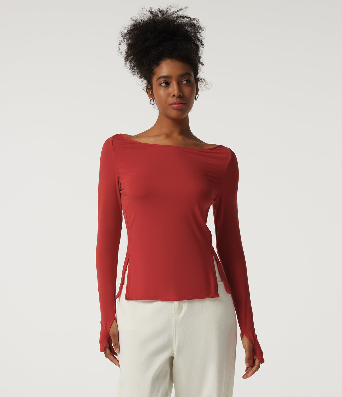 Boat Neck Long Sleeve Keyhole Back Casual Top with Thumbholes — Rubicondo — view 4