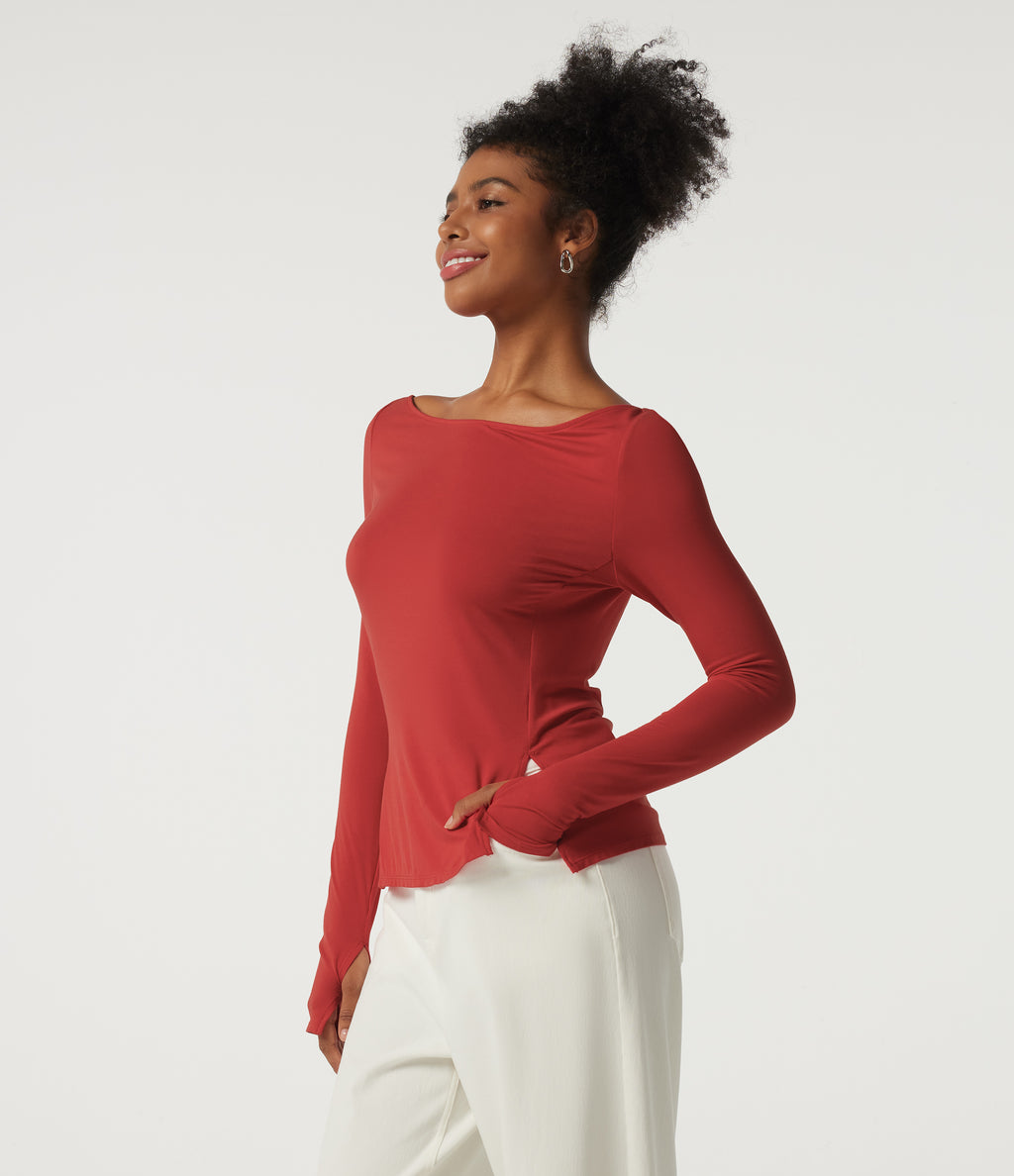Boat Neck Long Sleeve Keyhole Back Casual Top with Thumbholes — Rubicondo — view 3