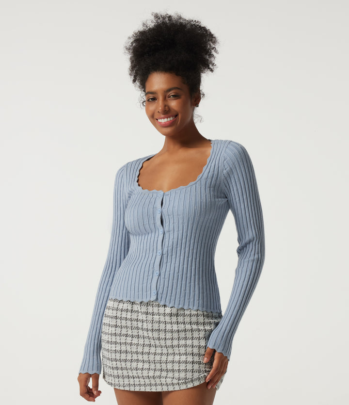 Ribbed Knit Square Neck Long Sleeve Casual Jumper — Niagara Mist — view 1