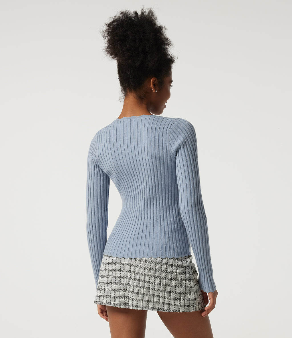 Ribbed Knit Square Neck Long Sleeve Casual Jumper — Niagara Mist — view 2