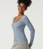 Ribbed Knit Square Neck Long Sleeve Casual Jumper — Niagara Mist — view 4