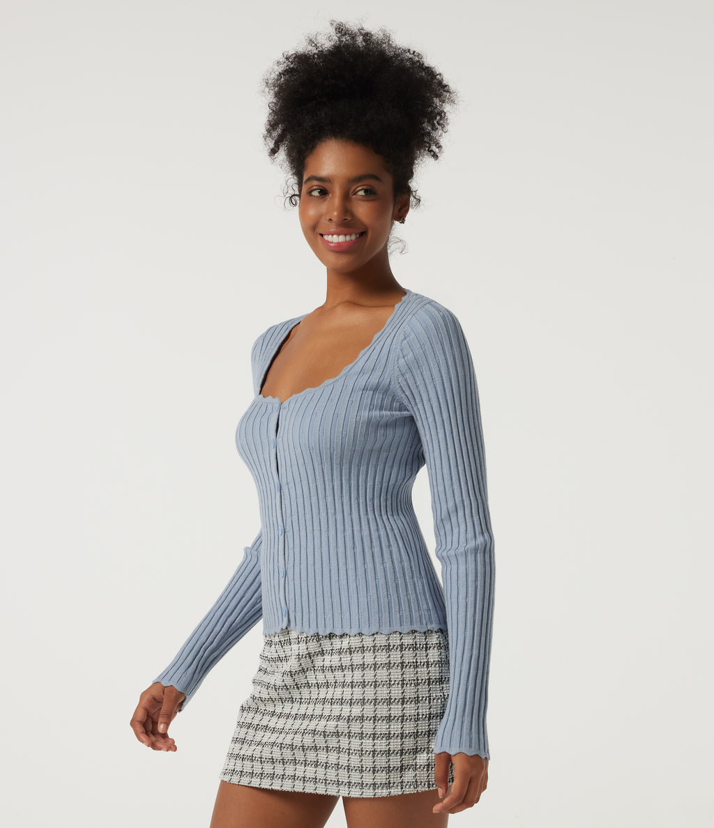 Ribbed Knit Square Neck Long Sleeve Casual Jumper — Niagara Mist — view 3