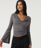 Cowl Neck Flounce Long Sleeve Casual T-Shirt — Darl Gray Floral Yarn — view 1