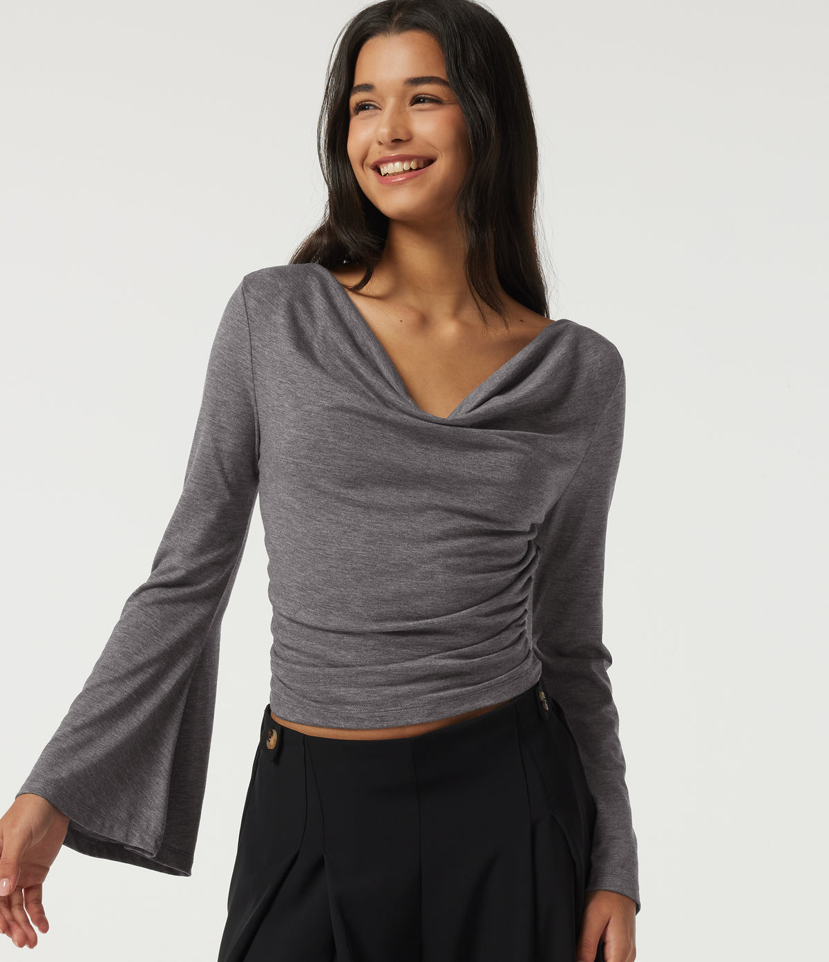 Cowl Neck Flounce Long Sleeve Casual T-Shirt — Darl Gray Floral Yarn — view 1