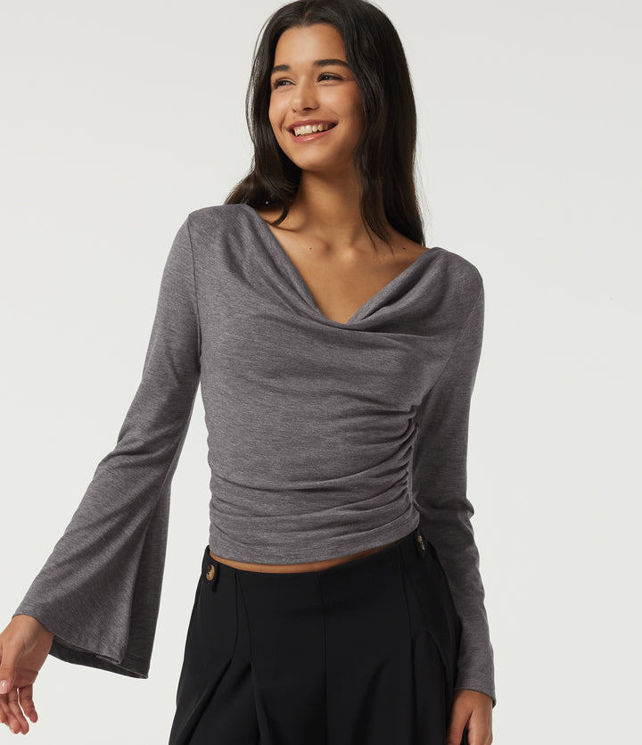 Cowl Neck Flounce Long Sleeve Casual T-Shirt — Darl Gray Floral Yarn — view 1