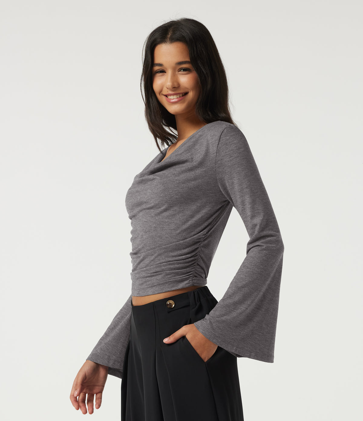 Cowl Neck Flounce Long Sleeve Casual T-Shirt — Darl Gray Floral Yarn — view 3