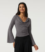 Cowl Neck Flounce Long Sleeve Casual T-Shirt — Darl Gray Floral Yarn — view 4