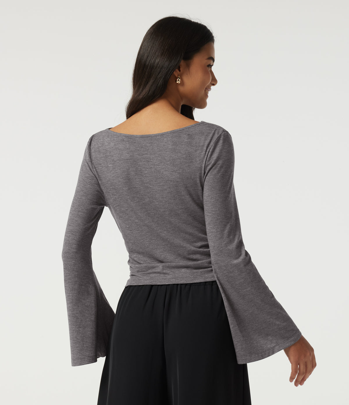 Cowl Neck Flounce Long Sleeve Casual T-Shirt — Darl Gray Floral Yarn — view 2