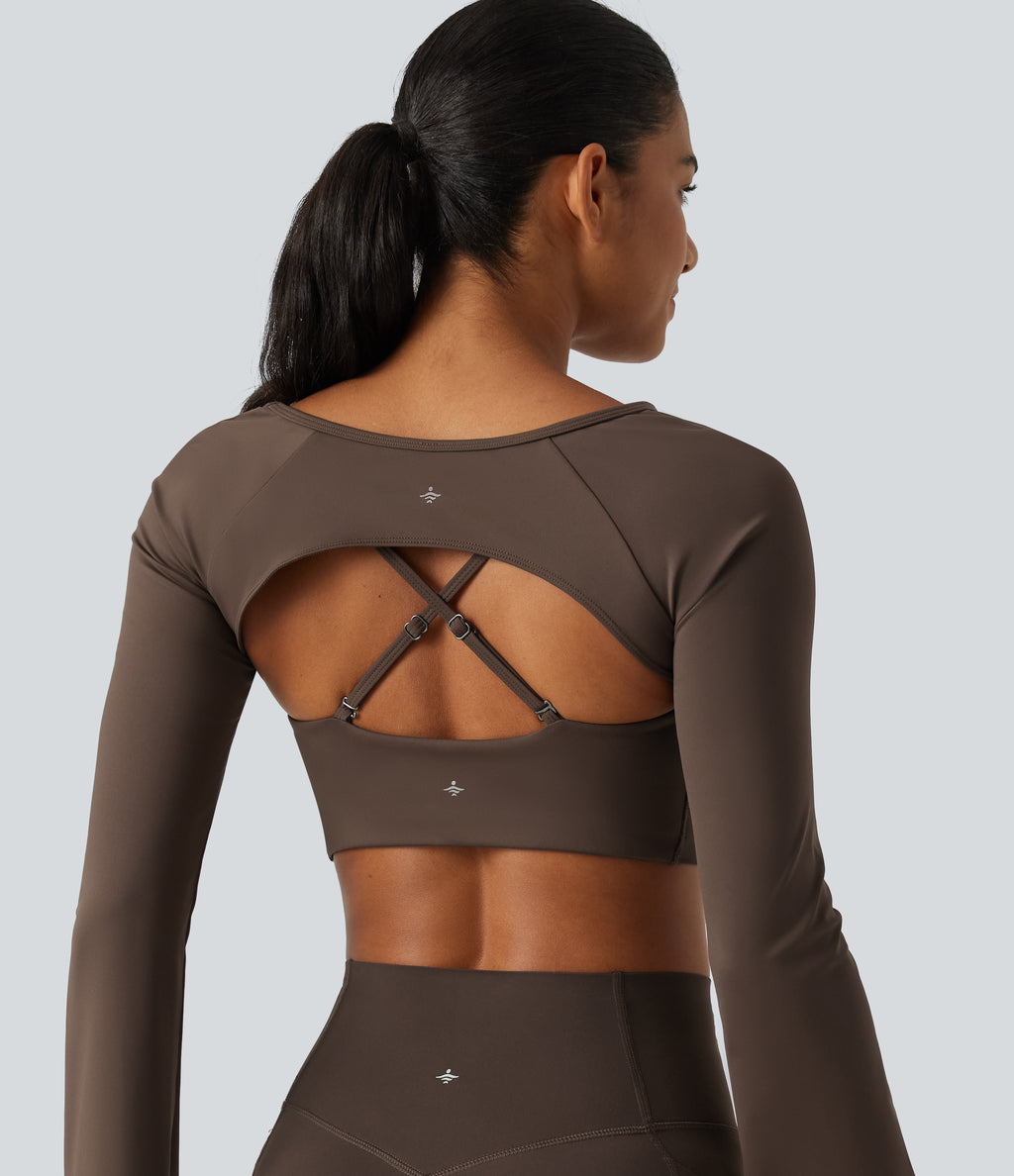 Airy Boat Neck Flounce Long Sleeve InstantCool Yoga Sports Top with Built-in Bra — Chocolate Martini — view 7