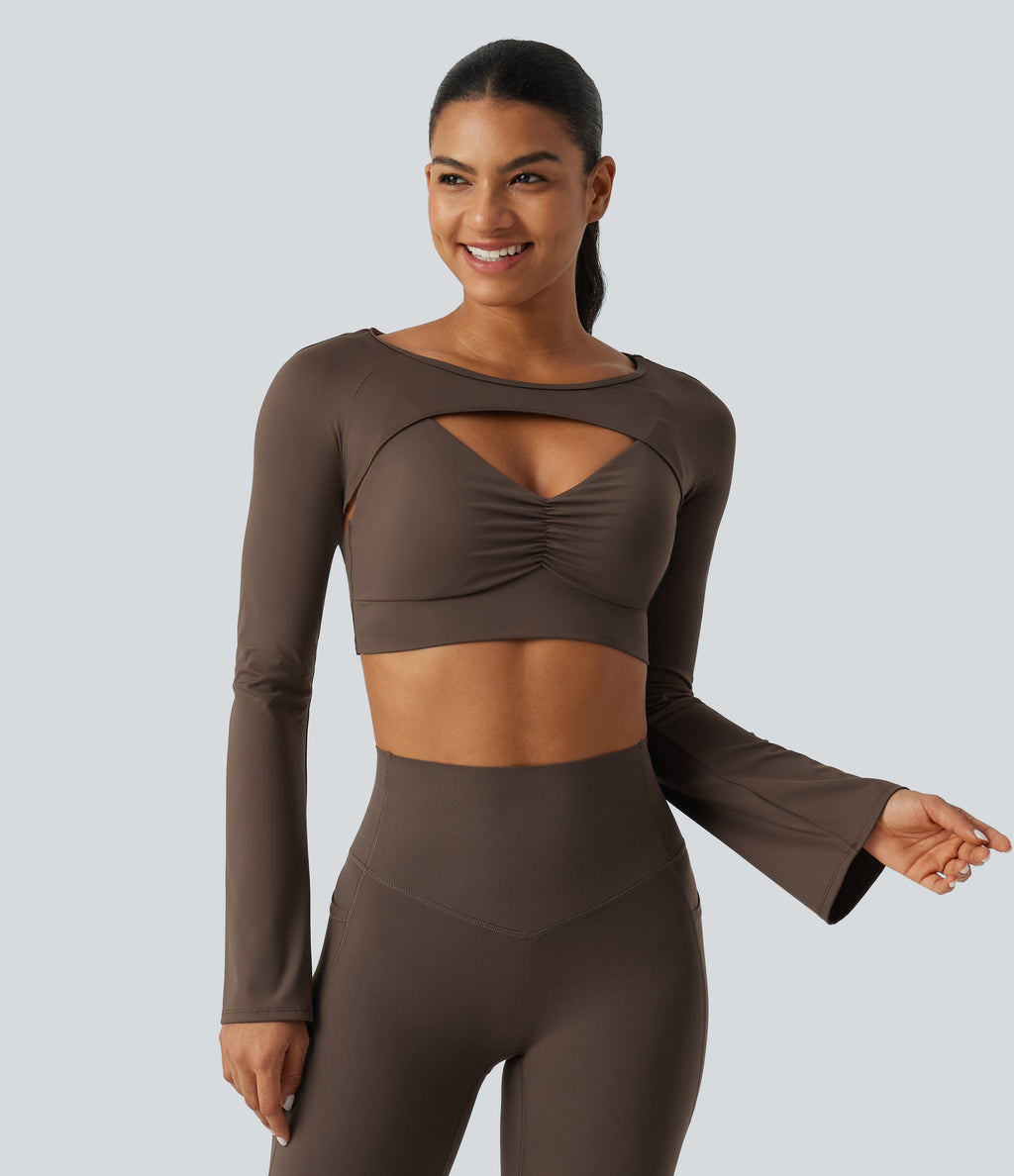 Airy Boat Neck Flounce Long Sleeve InstantCool Yoga Sports Top with Built-in Bra — Chocolate Martini — view 4
