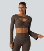 Airy Boat Neck Flounce Long Sleeve InstantCool Yoga Sports Top with Built-in Bra — Chocolate Martini — view 4