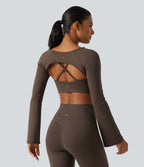 Airy Boat Neck Flounce Long Sleeve InstantCool Yoga Sports Top with Built-in Bra — Chocolate Martini — view 2