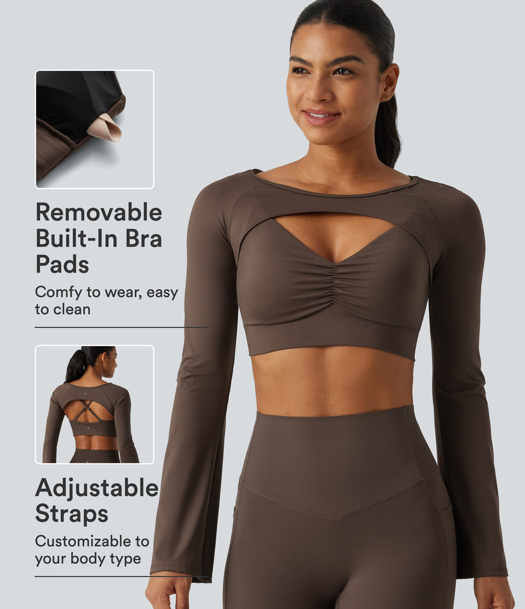 Airy Boat Neck Flounce Long Sleeve InstantCool Yoga Sports Top with Built-in Bra — Chocolate Martini — view 1