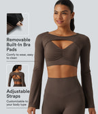 Airy Boat Neck Flounce Long Sleeve InstantCool Yoga Sports Top with Built-in Bra — Chocolate Martini — view 1