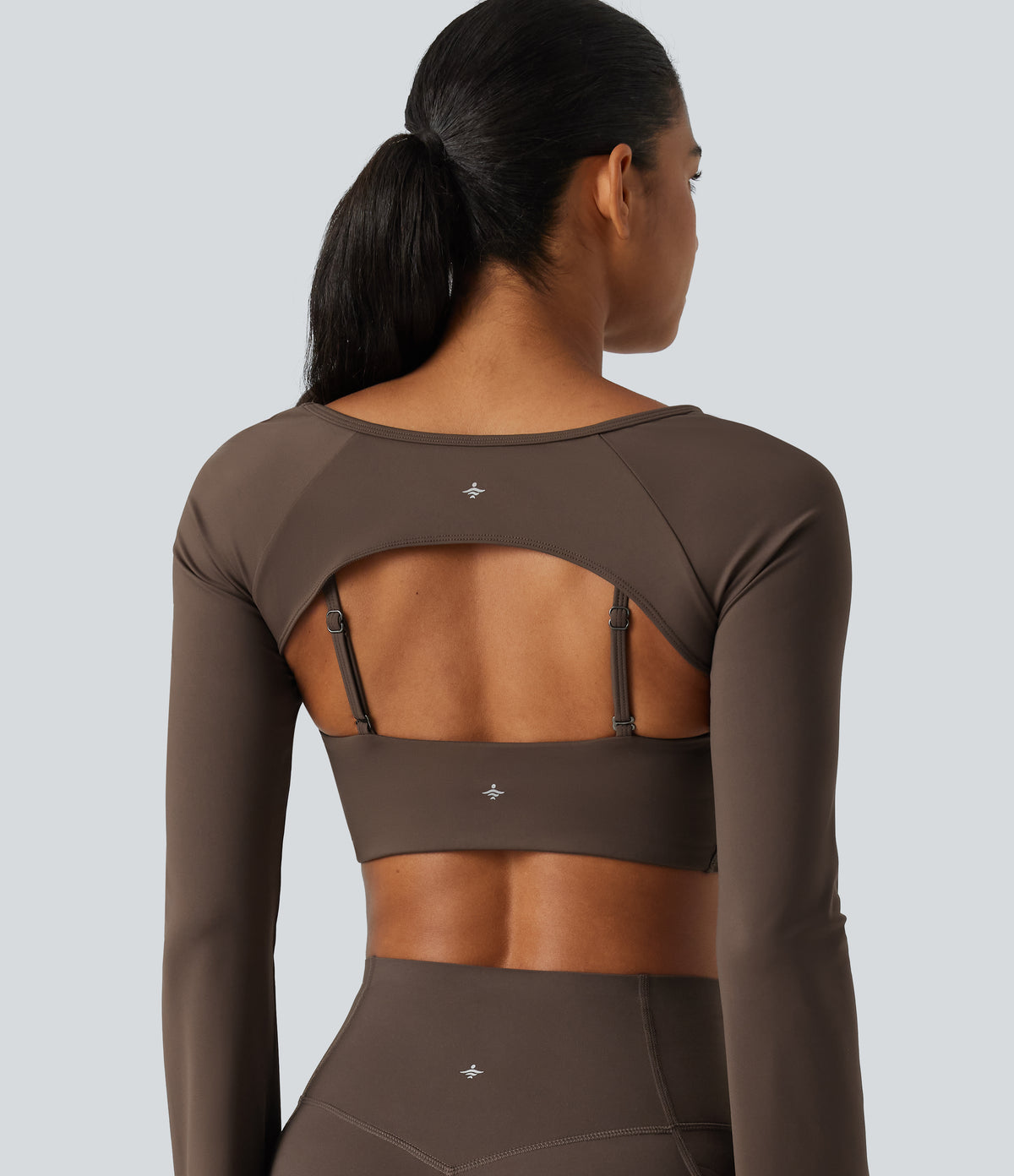 Airy Boat Neck Flounce Long Sleeve InstantCool Yoga Sports Top with Built-in Bra — Chocolate Martini — view 8