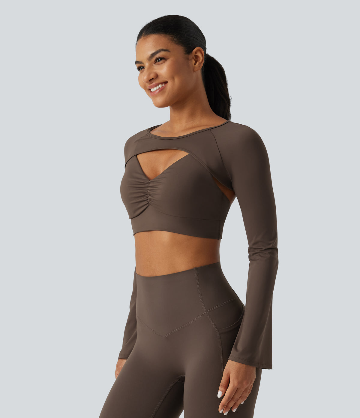 Airy Boat Neck Flounce Long Sleeve InstantCool Yoga Sports Top with Built-in Bra — Chocolate Martini — view 3