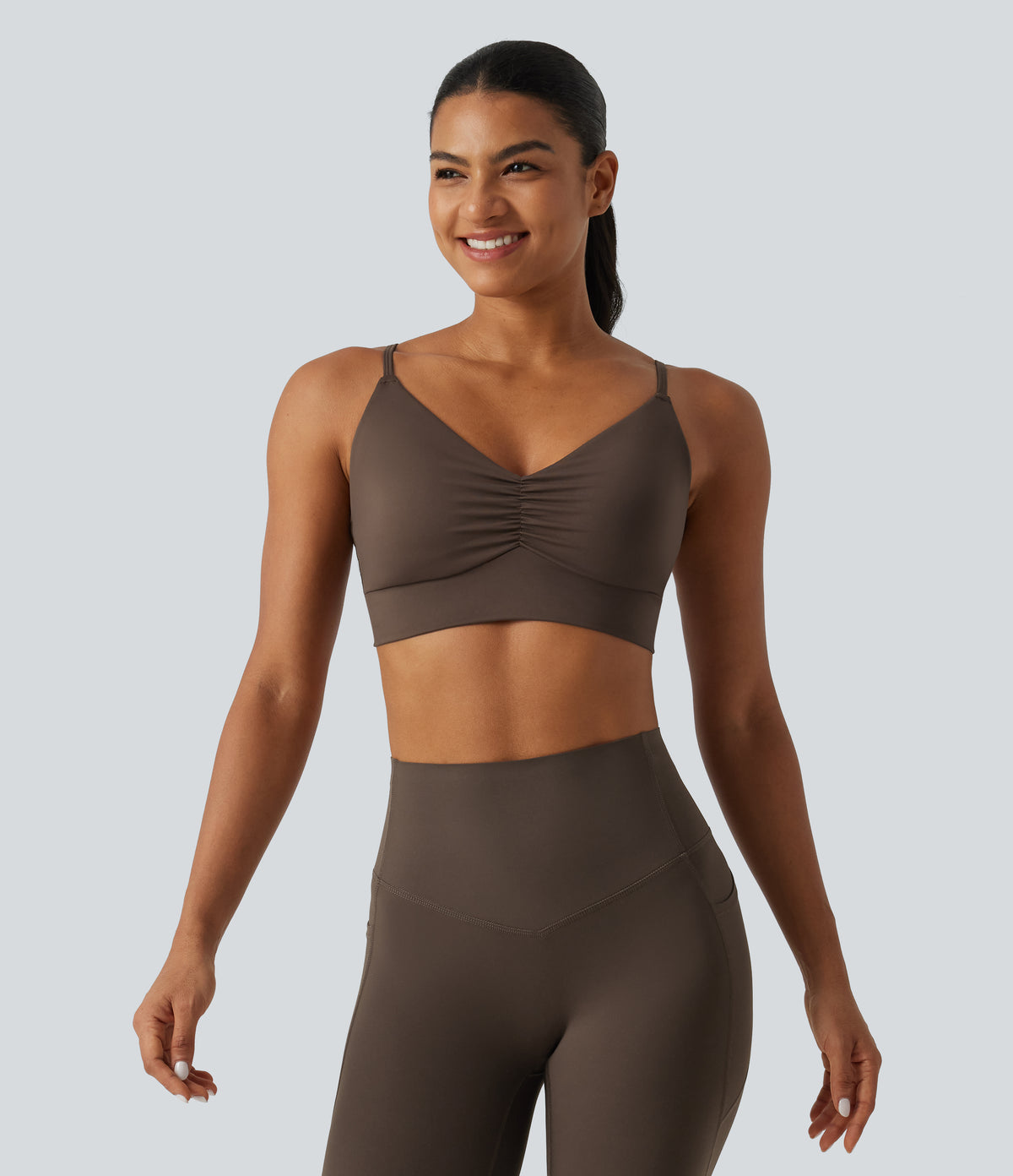 Airy Boat Neck Flounce Long Sleeve InstantCool Yoga Sports Top with Built-in Bra — Chocolate Martini — view 5