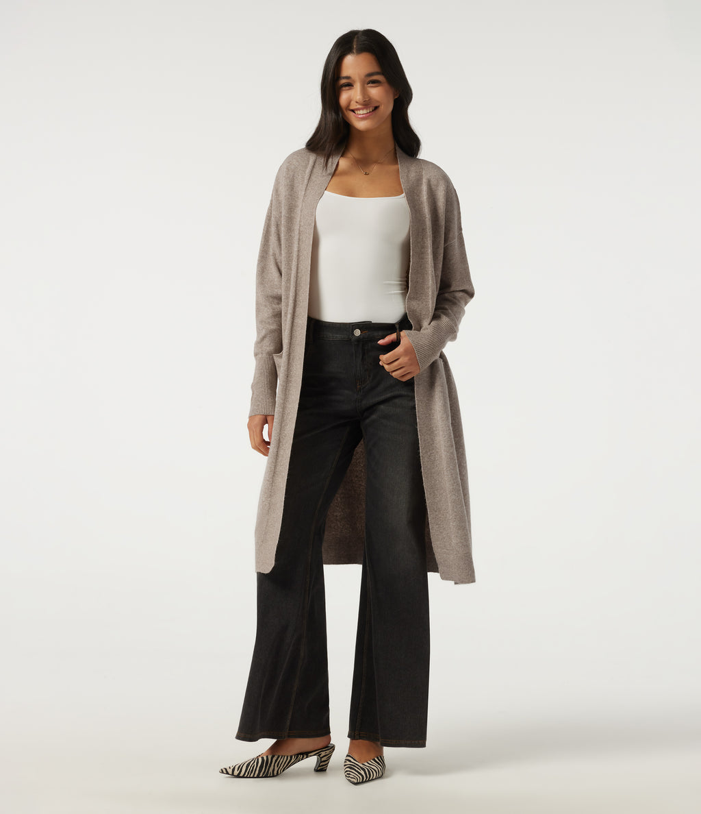 Long Sleeve Open Front Casual Cardigan with Pockets — Doeskin — view 1