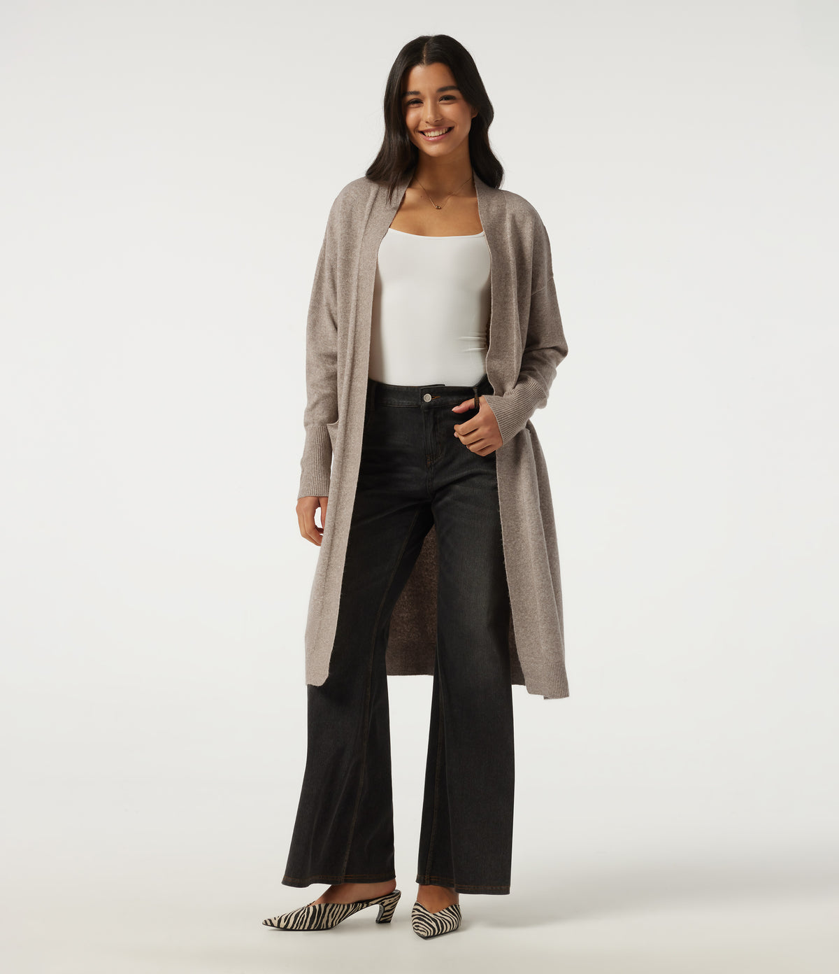Long Sleeve Open Front Casual Cardigan with Pockets — Doeskin — view 1