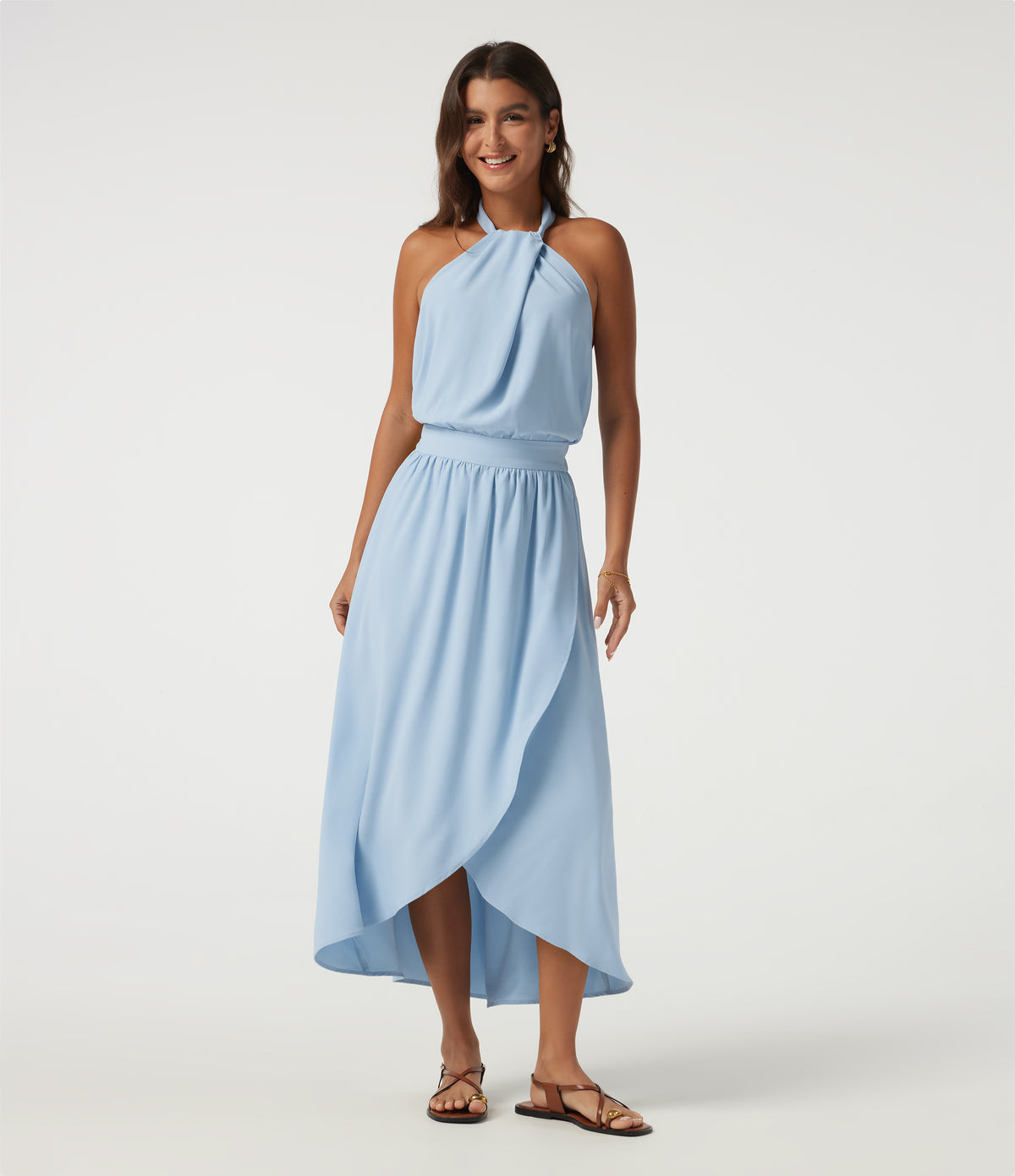 Halter Tie Back A-Line Casual Midi Dress — Thin Ice Blue — view 1