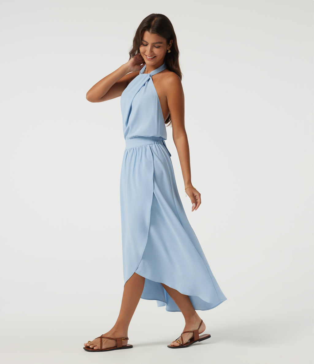 Halter Tie Back A-Line Casual Midi Dress — Thin Ice Blue — view 3