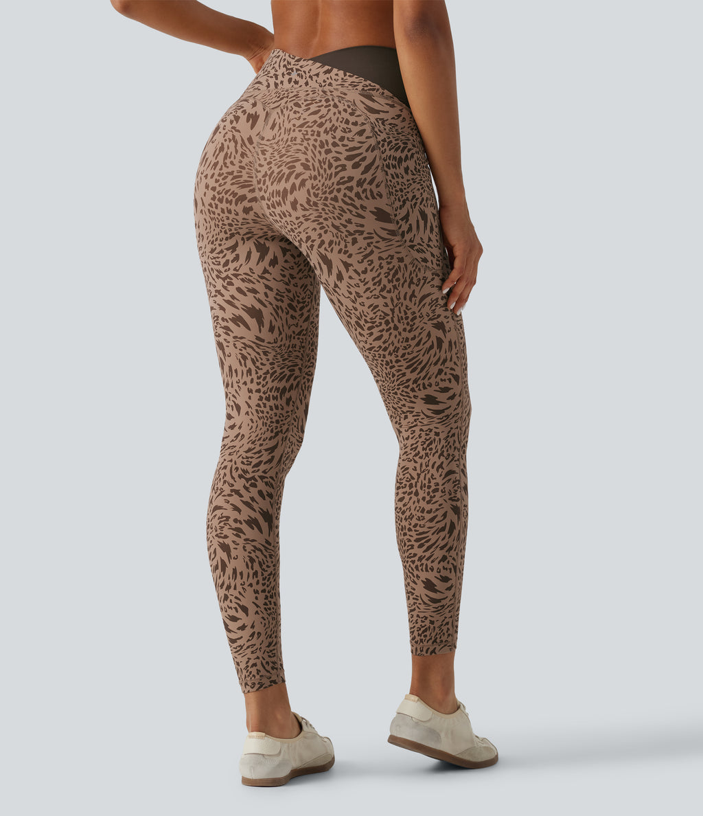 Leopard Print High Waisted Crossover Skinny Yoga Leggings with Pockets — Flow Leopard — view 2