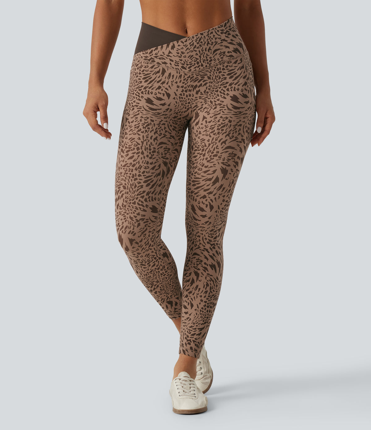 Leopard Print High Waisted Crossover Skinny Yoga Leggings with Pockets — Flow Leopard — view 3